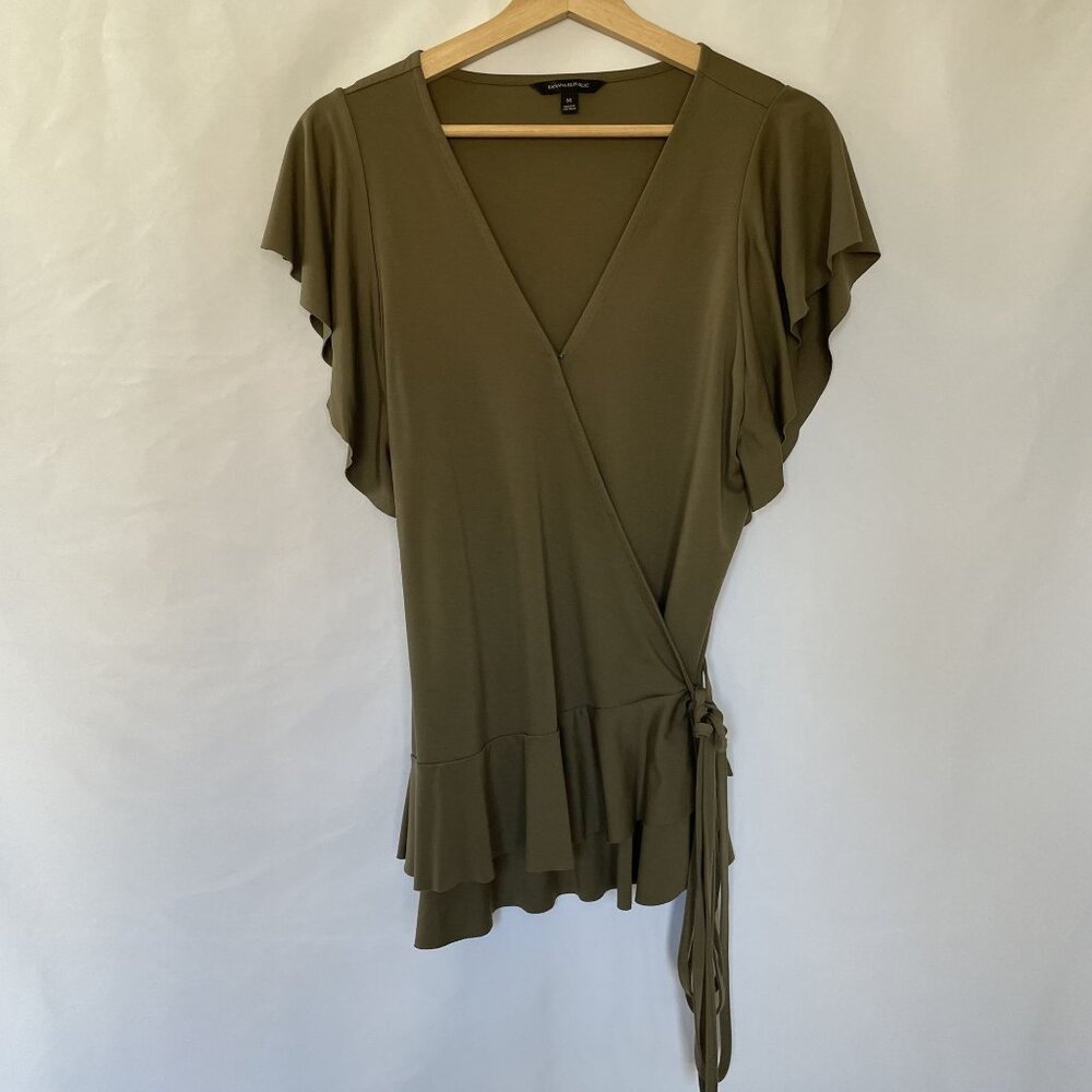Banana Republic olive green v-neck wraparound top medium blouse flutter sleeves